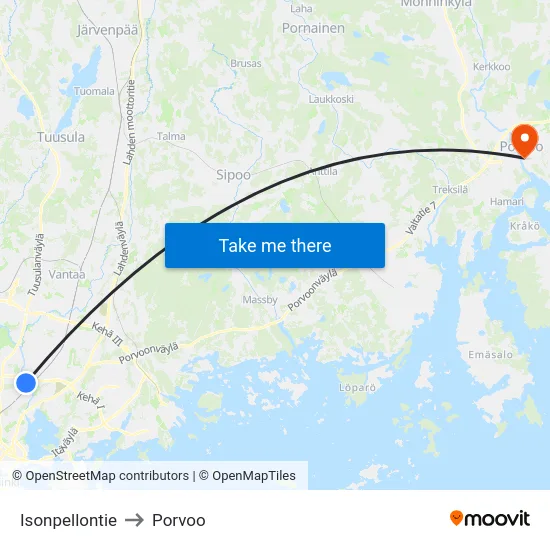 Isonpellontie to Porvoo map