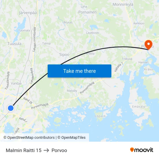 Malmin Raitti 15 to Porvoo map