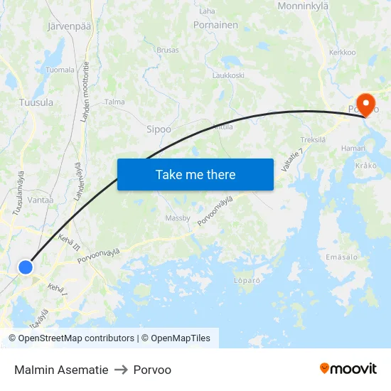 Malmin Asematie to Porvoo map