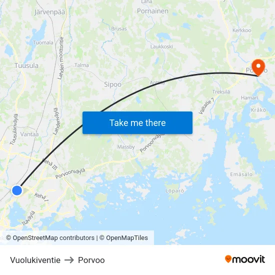 Vuolukiventie to Porvoo map
