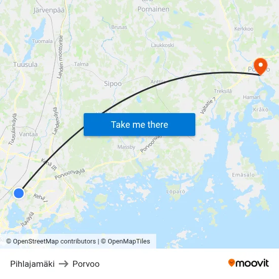 Pihlajamäki to Porvoo map