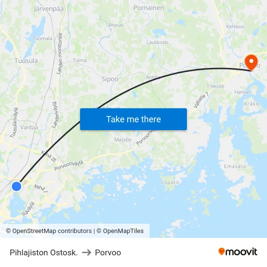 Pihlajiston Ostosk. to Porvoo map