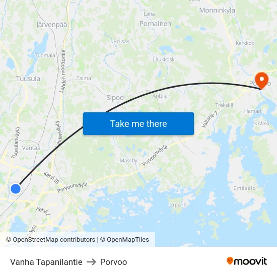 Vanha Tapanilantie to Porvoo map