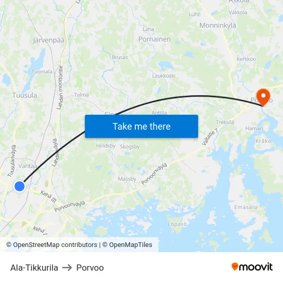 Ala-Tikkurila to Porvoo map