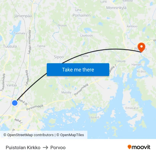 Puistolan Kirkko to Porvoo map