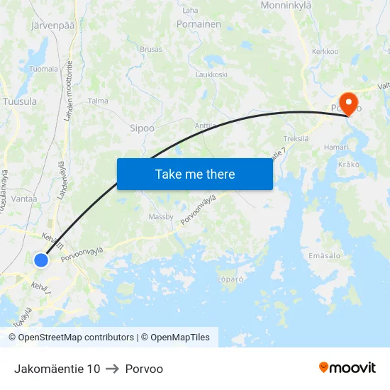 Jakomäentie 10 to Porvoo map