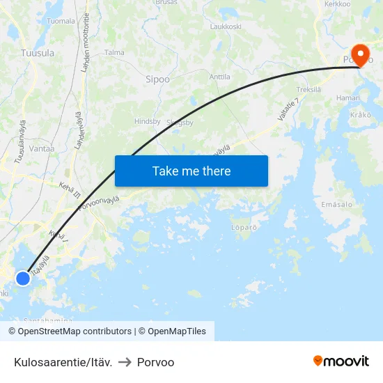 Kulosaarentie/Itäv. to Porvoo map