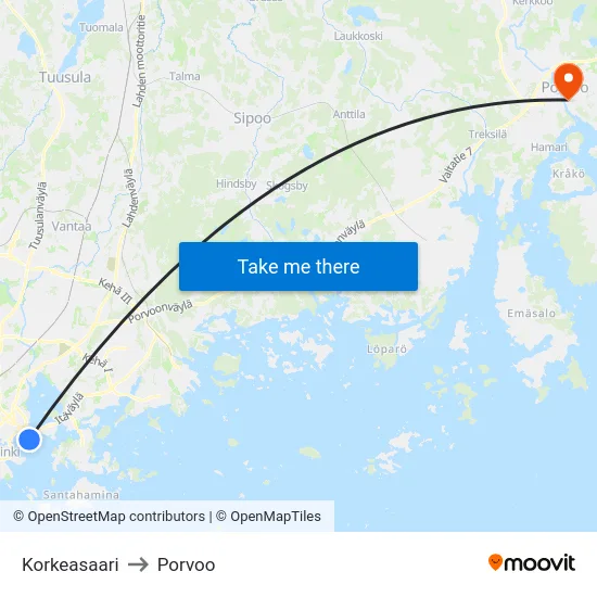Korkeasaari to Porvoo map