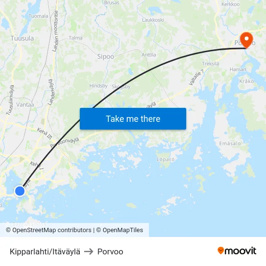 Kipparlahti/Itäväylä to Porvoo map