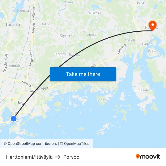 Herttoniemi/Itäväylä to Porvoo map