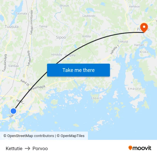 Kettutie to Porvoo map