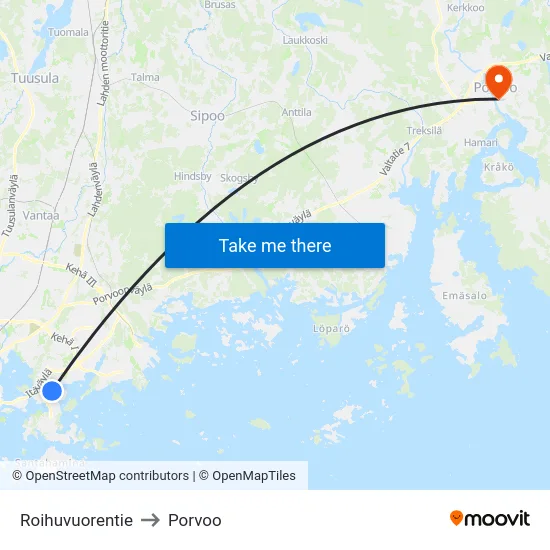 Roihuvuorentie to Porvoo map