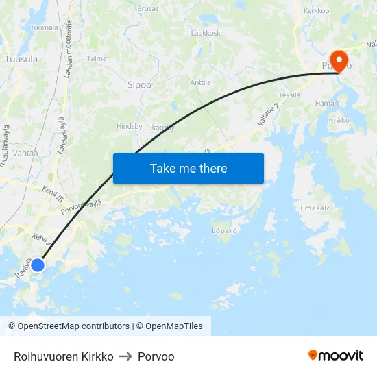 Roihuvuoren Kirkko to Porvoo map