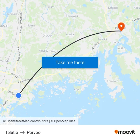 Telatie to Porvoo map