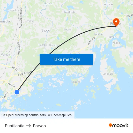 Puotilantie to Porvoo map