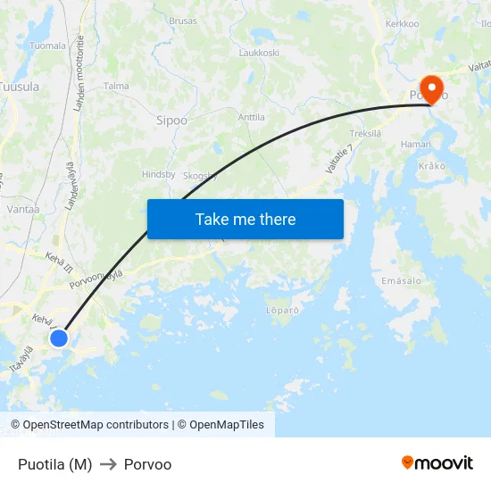 Puotila (M) to Porvoo map