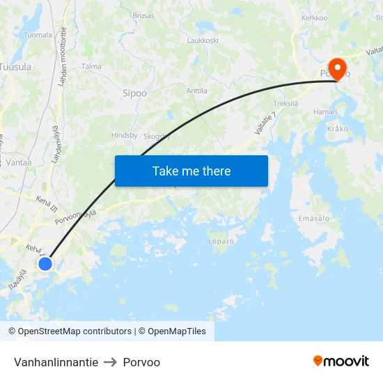 Vanhanlinnantie to Porvoo map