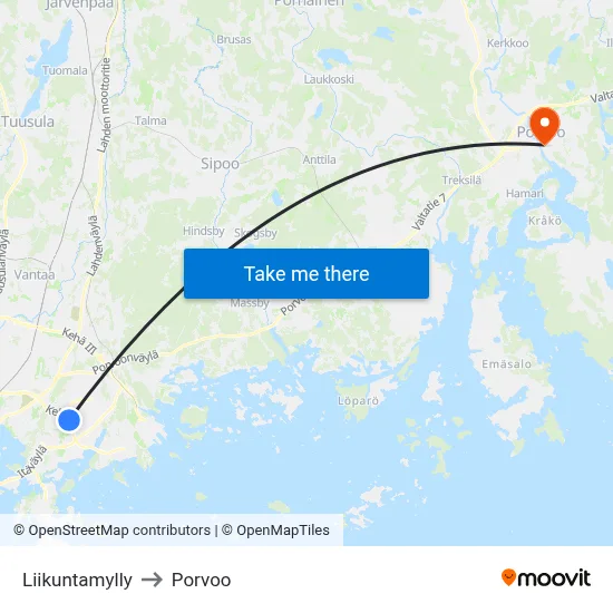 Liikuntamylly to Porvoo map