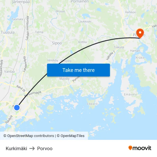 Kurkimäki to Porvoo map