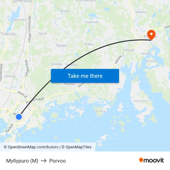 Myllypuro (M) to Porvoo map