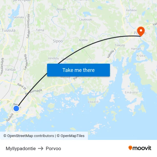 Myllypadontie to Porvoo map