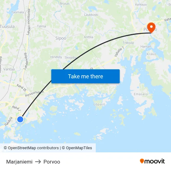 Marjaniemi to Porvoo map