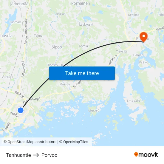 Tanhuantie to Porvoo map