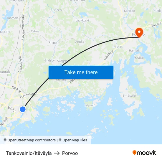 Tankovainio/Itäväylä to Porvoo map