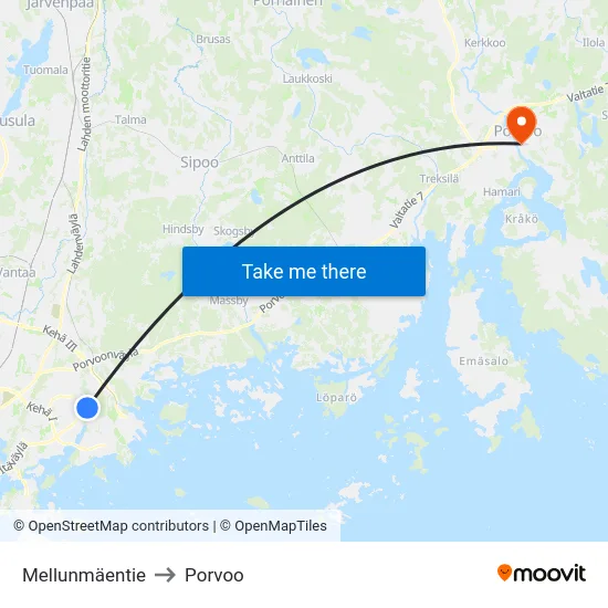 Mellunmäentie to Porvoo map