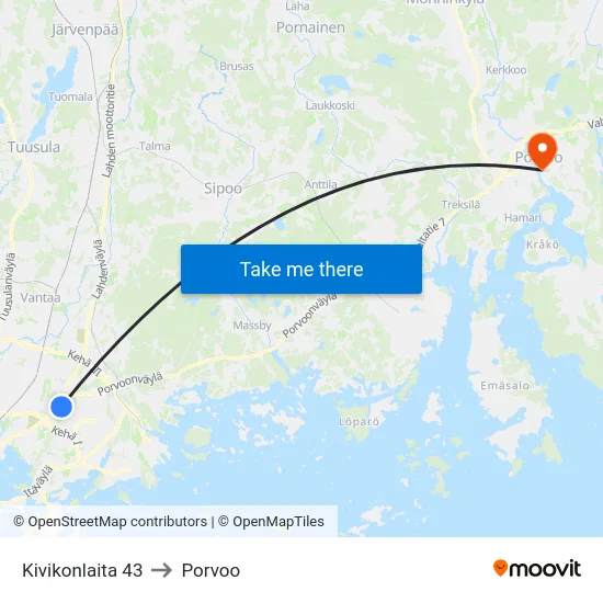 Kivikonlaita 43 to Porvoo map