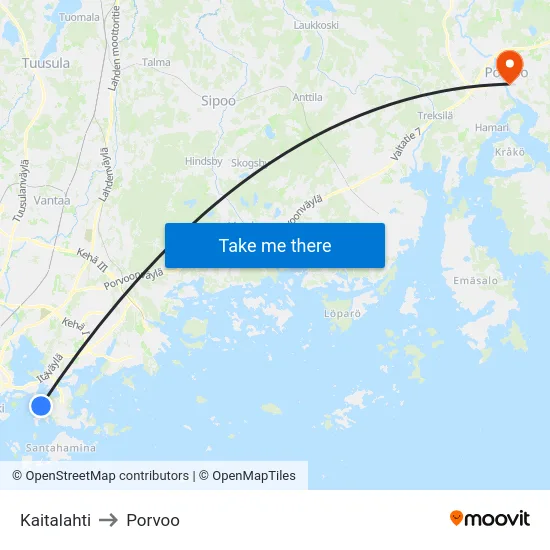 Kaitalahti to Porvoo map