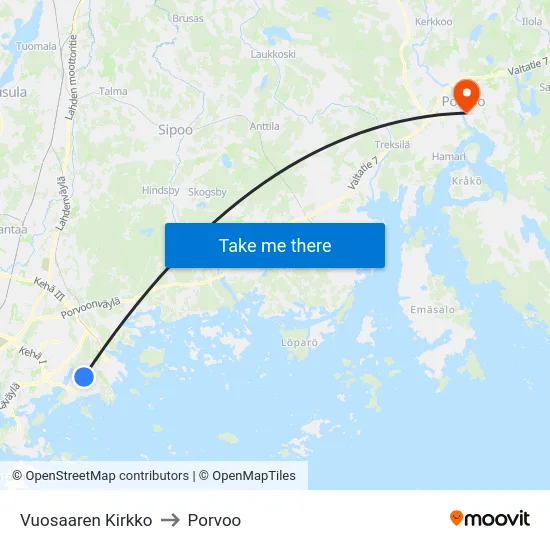 Vuosaaren Kirkko to Porvoo map