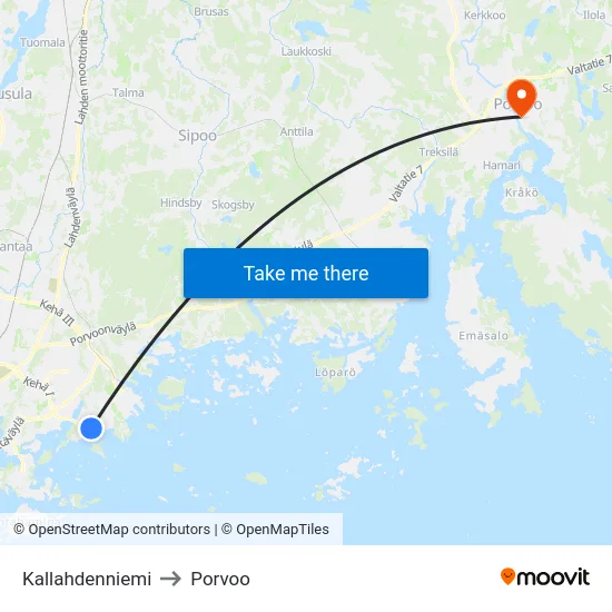 Kallahdenniemi to Porvoo map