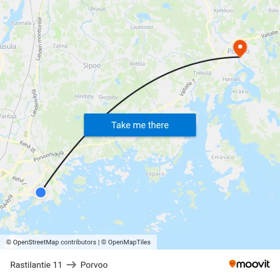 Rastilantie 11 to Porvoo map