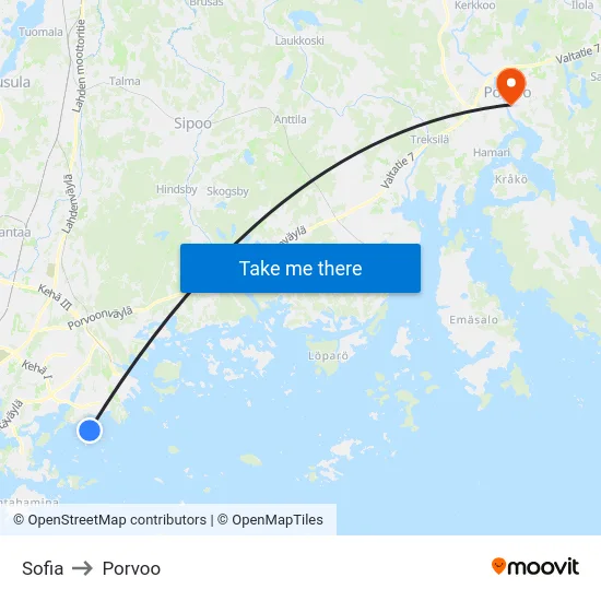 Sofia to Porvoo map
