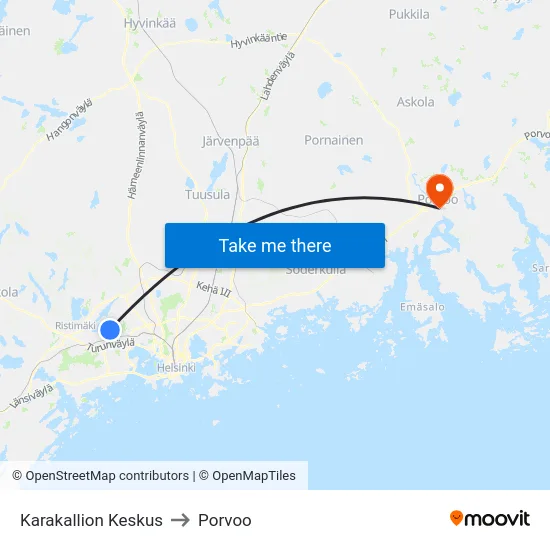 Karakallion Keskus to Porvoo map