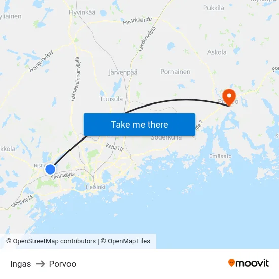 Ingas to Porvoo map