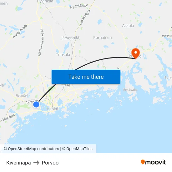 Kivennapa to Porvoo map