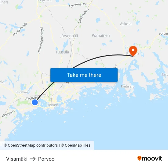 Visamäki to Porvoo map