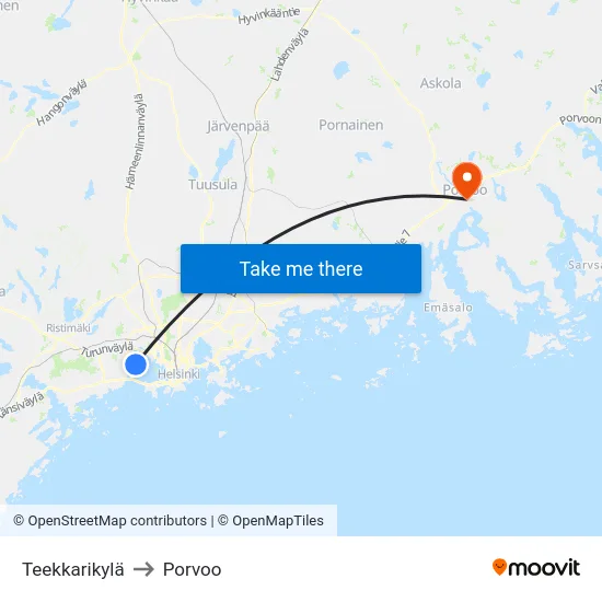 Teekkarikylä to Porvoo map