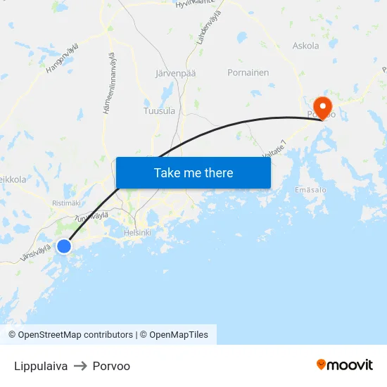 Lippulaiva to Porvoo map