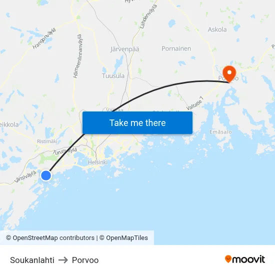 Soukanlahti to Porvoo map