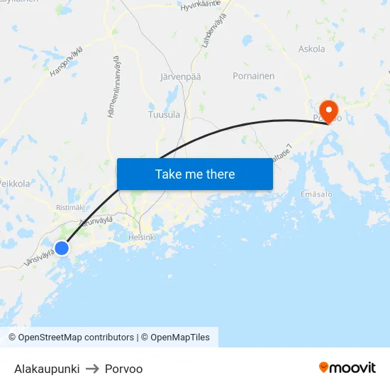 Alakaupunki to Porvoo map