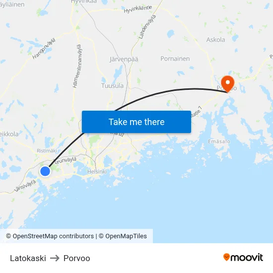 Latokaski to Porvoo map