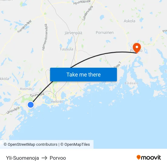 Yli-Suomenoja to Porvoo map