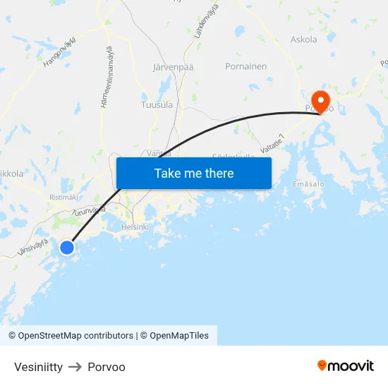 Vesiniitty to Porvoo map
