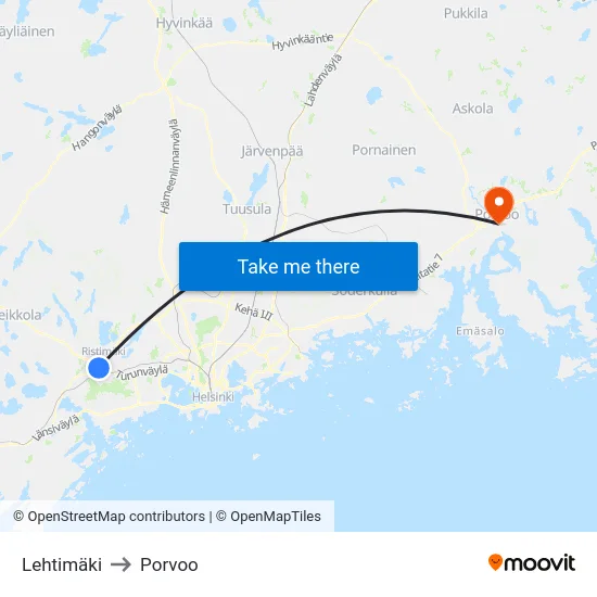 Lehtimäki to Porvoo map
