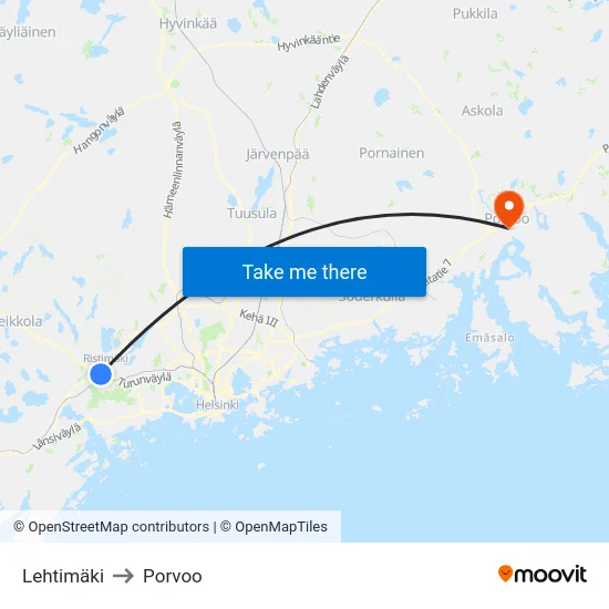 Lehtimäki to Porvoo map