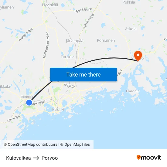 Kulovalkea to Porvoo map