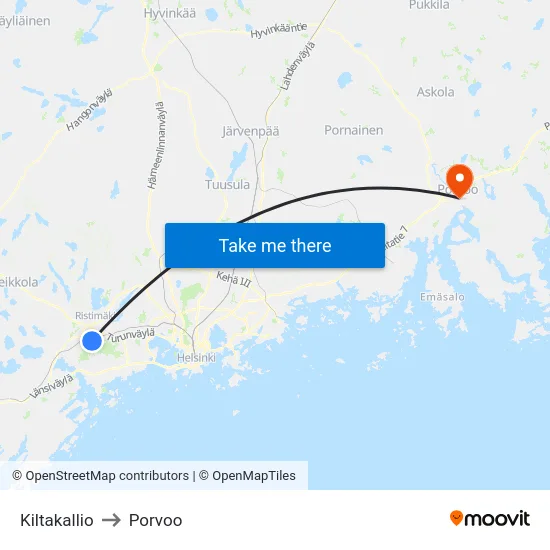 Kiltakallio to Porvoo map